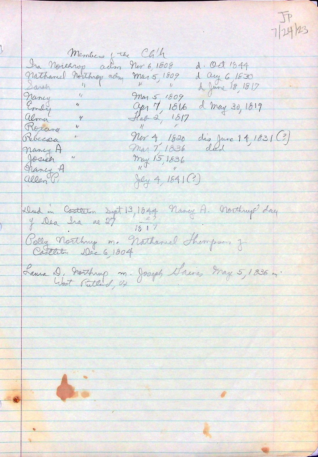 NORTHROP members of the church - death - marriages